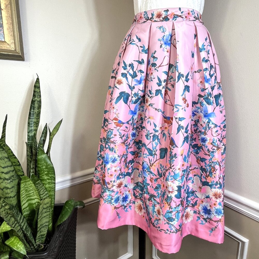 NWT Champagne & Strawberry Pink Floral Midi Full Skirt Lined Side Zip Small